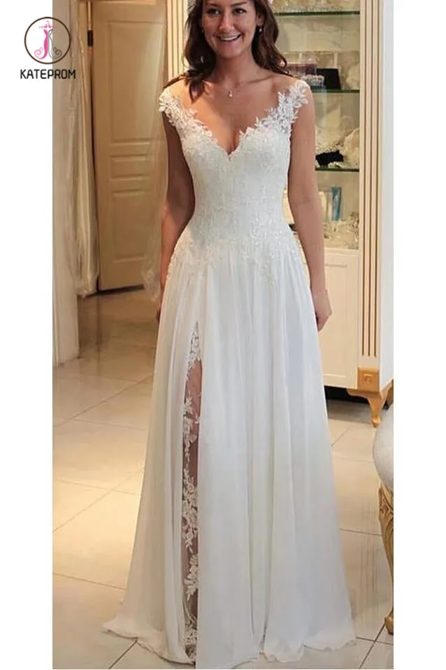 A Line Chiffon Beach Wedding Dress with Lace, Long Flowy Bridal Dress with Lace KPW0366