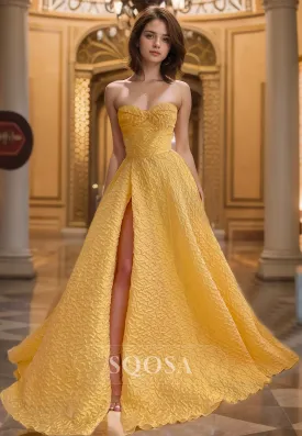 A-Line Sweetheart Off-Shoulder Sleeveless Pleated High Slit Chiffon Formal Prom Dress with Sweep Train