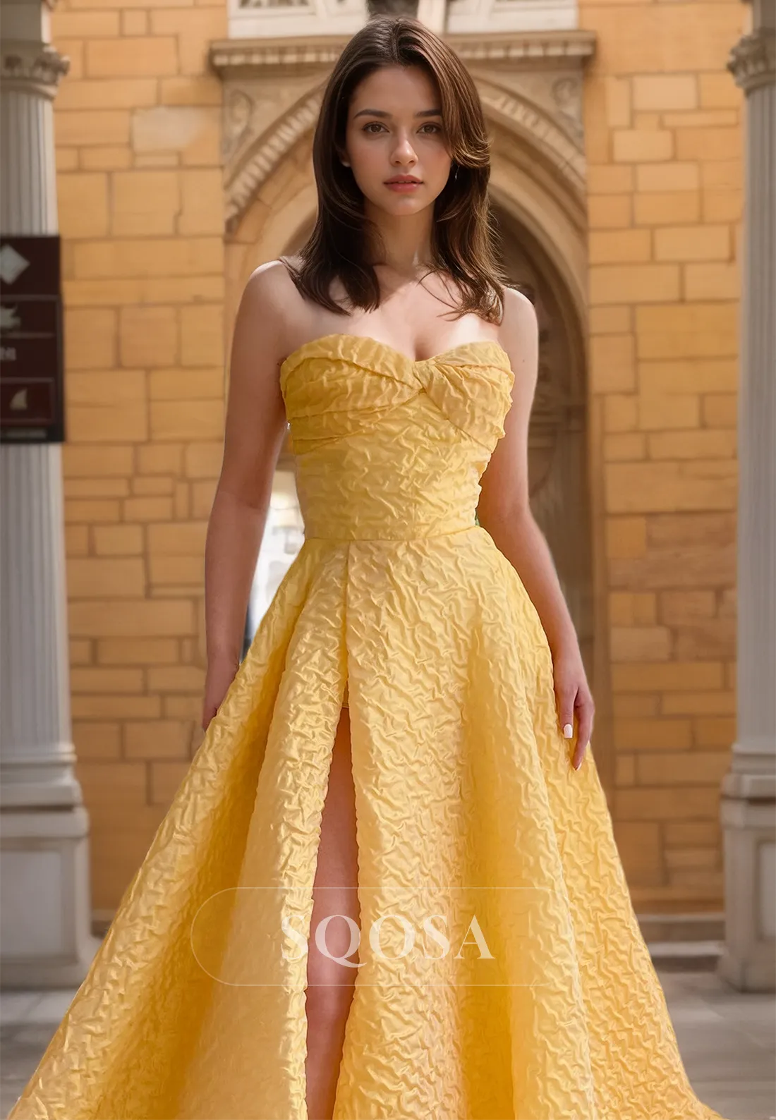 A-Line Sweetheart Off-Shoulder Sleeveless Pleated High Slit Chiffon Formal Prom Dress with Sweep Train