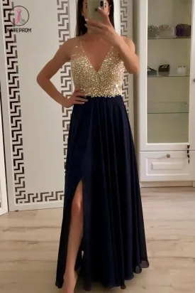 A Line V Neck Prom Dress with Rhinestones and Beading, Sparkly Flowy Formal Dress KPP0789