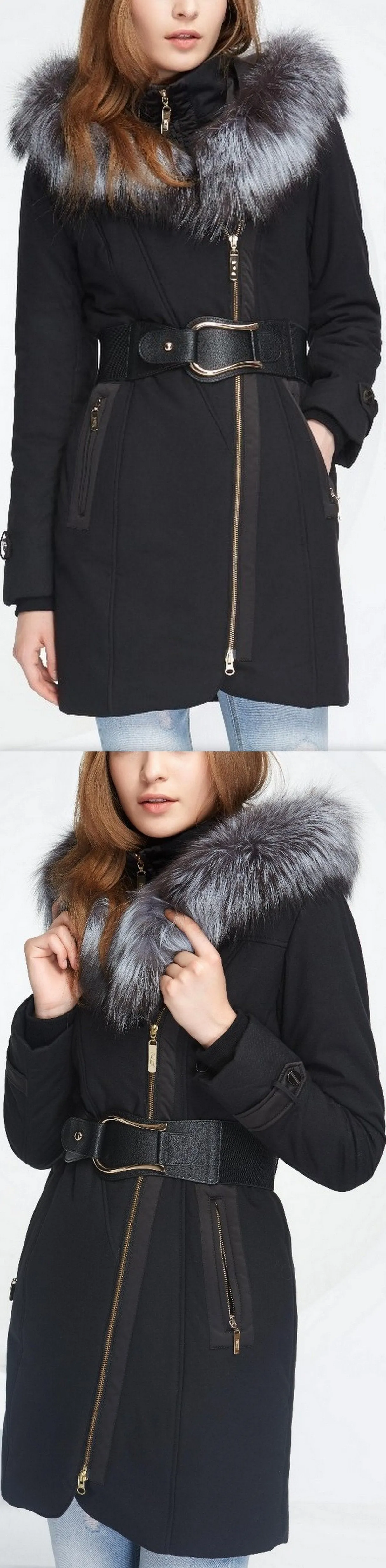 Belted Fox-Fur-Hooded Quilted Coat, Black