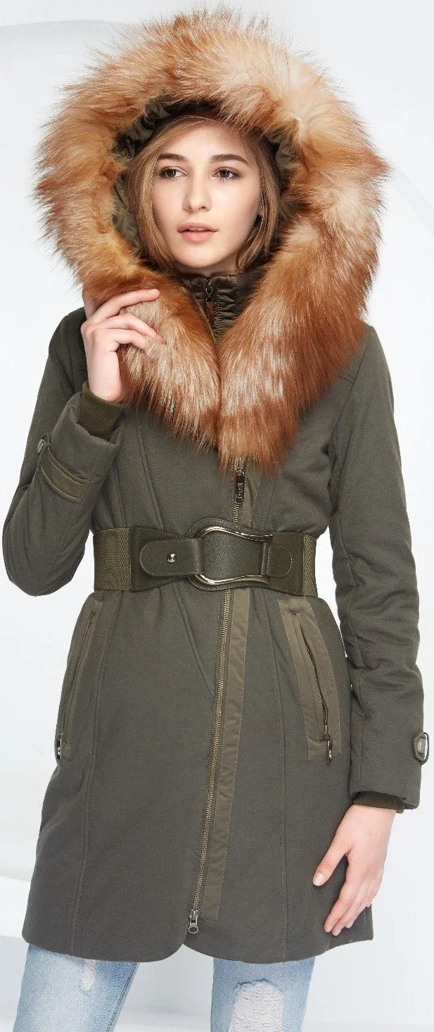 Belted Fox-Fur-Hooded Quilted Coat, Military Green