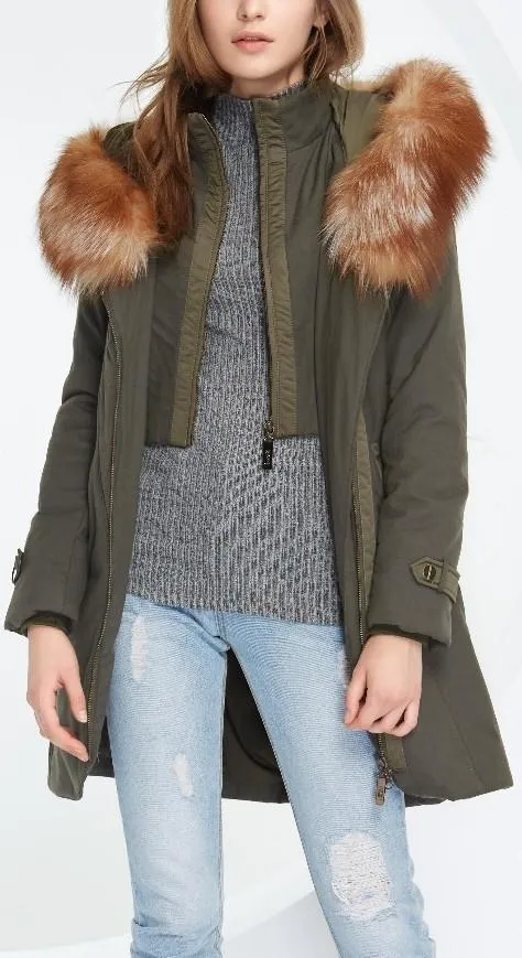 Belted Fox-Fur-Hooded Quilted Coat, Military Green