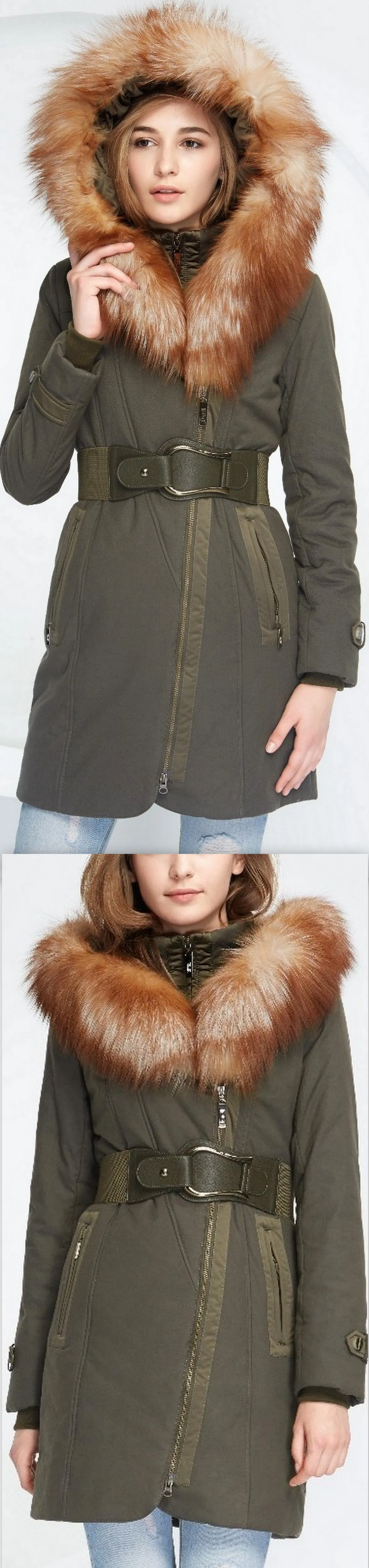 Belted Fox-Fur-Hooded Quilted Coat, Military Green