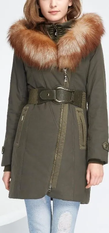 Belted Fox-Fur-Hooded Quilted Coat, Military Green