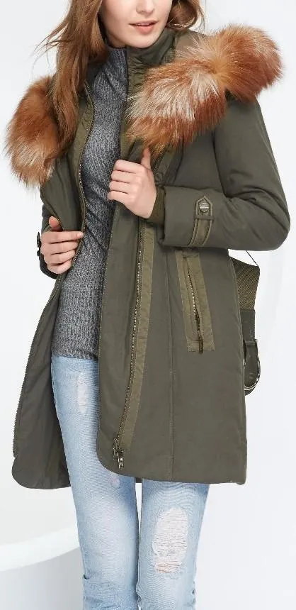 Belted Fox-Fur-Hooded Quilted Coat, Military Green