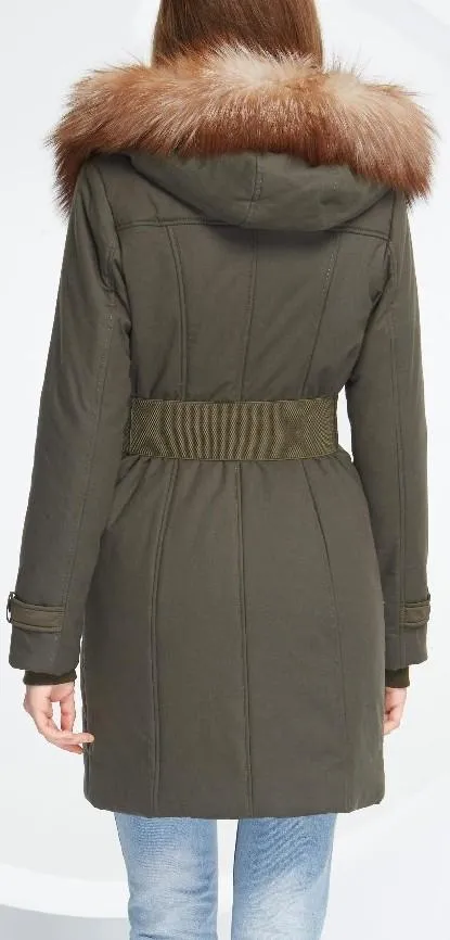 Belted Fox-Fur-Hooded Quilted Coat, Military Green