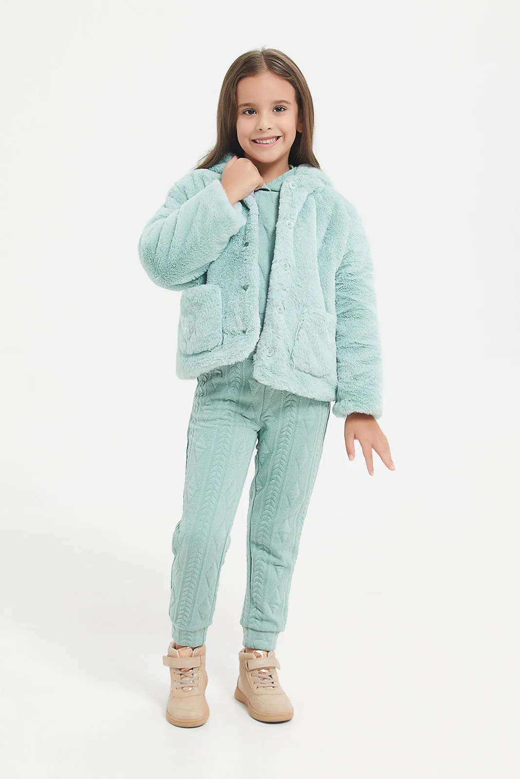 Girls Green Hooded Fur Jacket