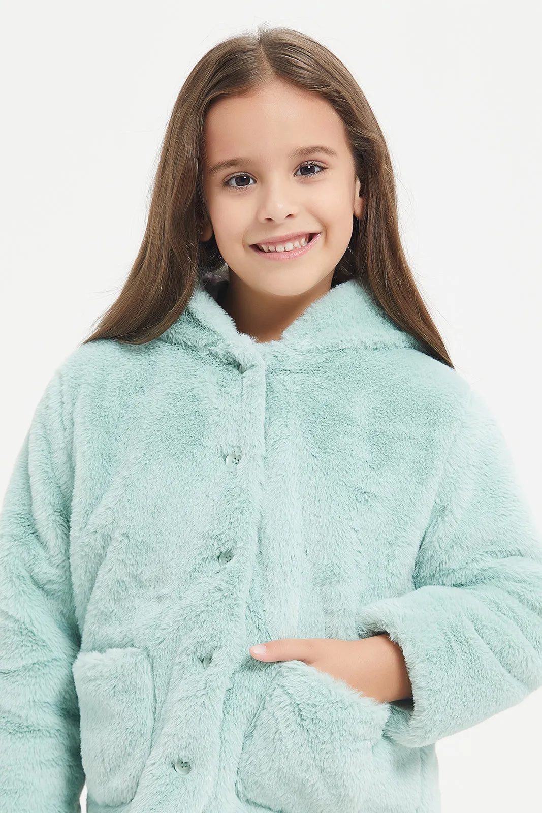 Girls Green Hooded Fur Jacket
