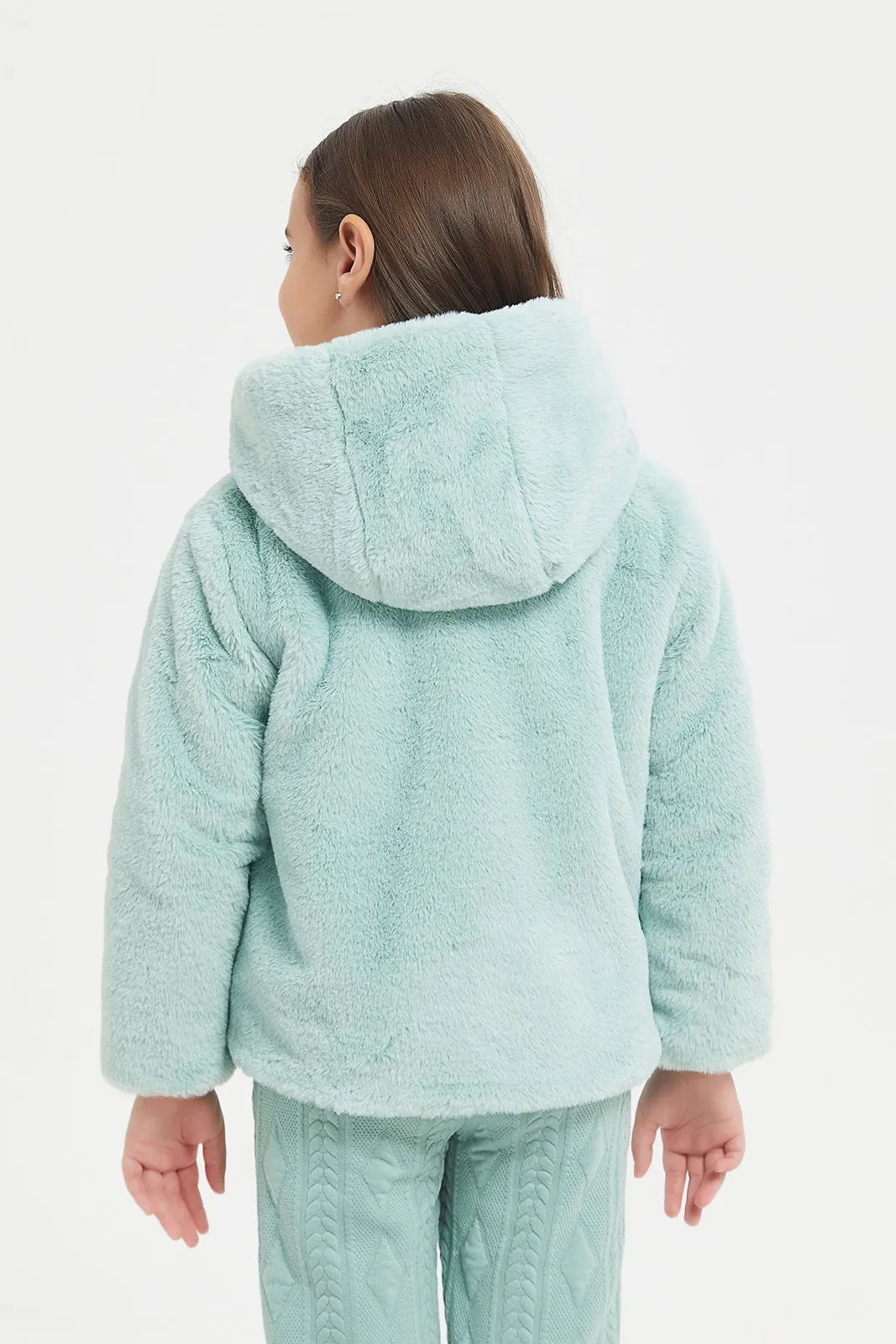 Girls Green Hooded Fur Jacket