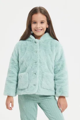 Girls Green Hooded Fur Jacket