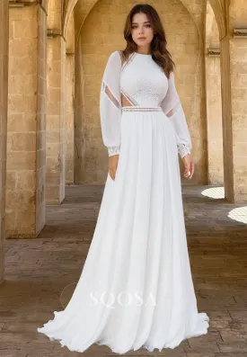 High Scoop-Neck Beaded Lace Applique Bride Gowns Long-Sleeves Chiffon A-Line Wedding Dress
