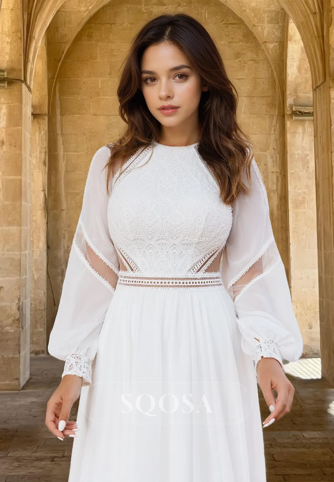 High Scoop-Neck Beaded Lace Applique Bride Gowns Long-Sleeves Chiffon A-Line Wedding Dress