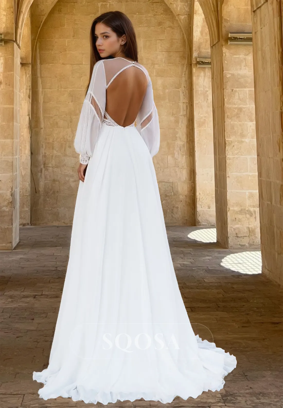High Scoop-Neck Beaded Lace Applique Bride Gowns Long-Sleeves Chiffon A-Line Wedding Dress