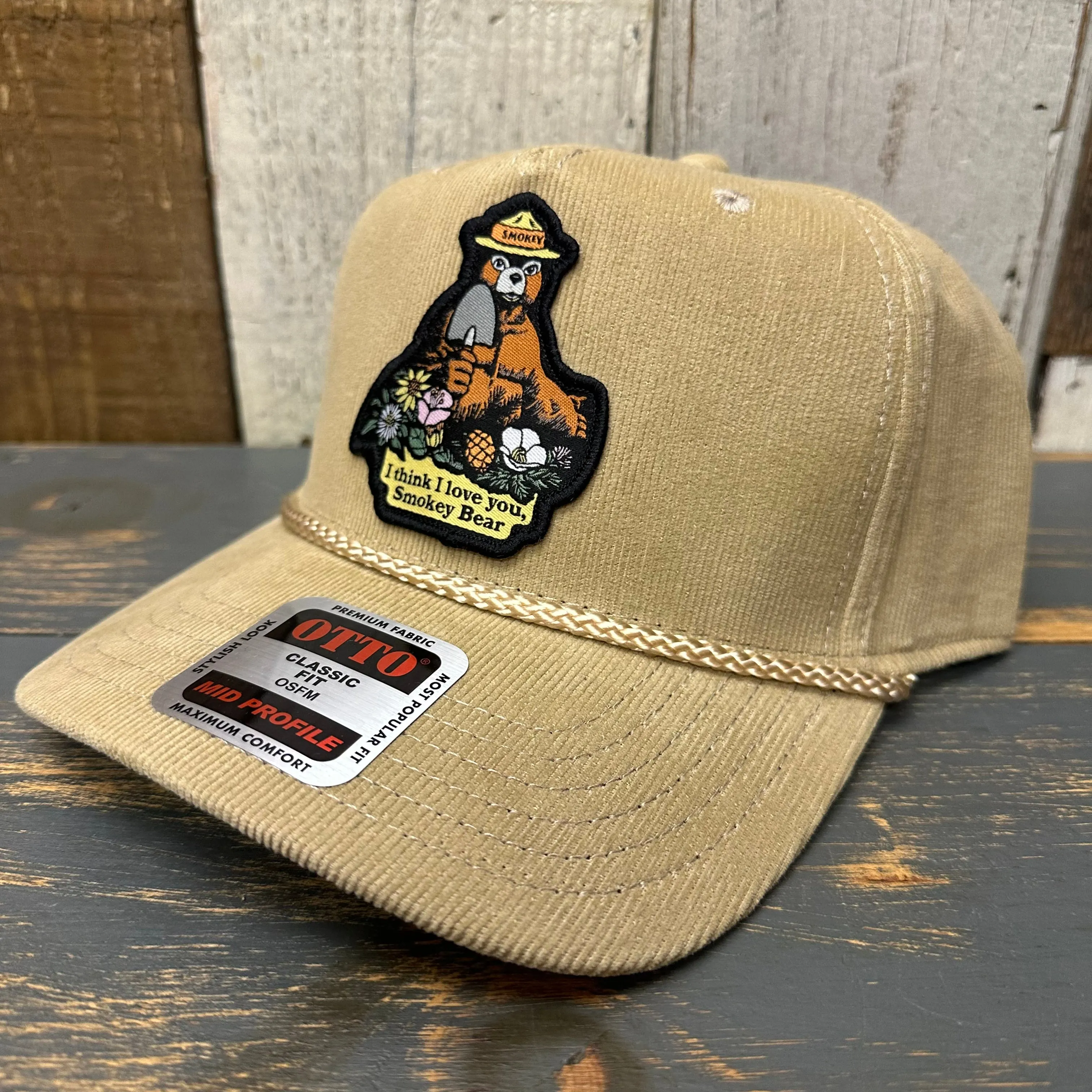 I THINK I LOVE YOU SMOKEY BEAR Corduroy Baseball Cap - Khaki