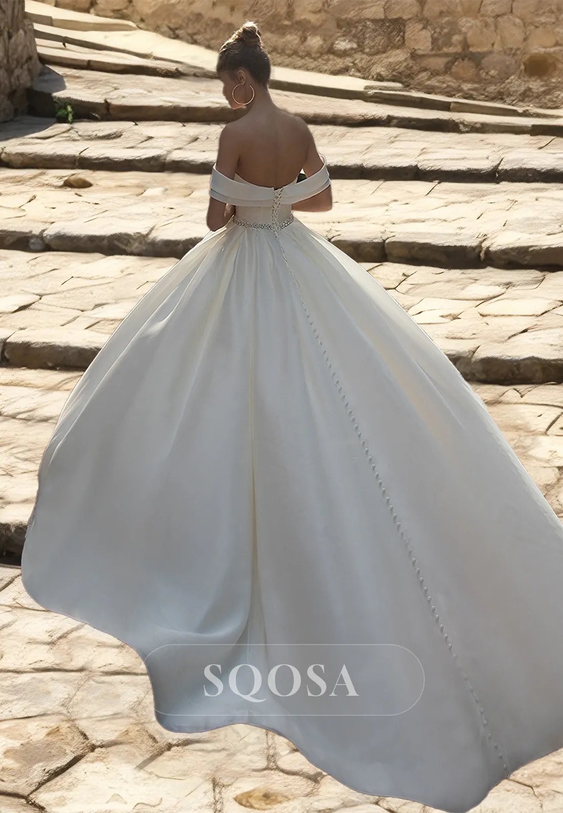 Pleated Sweetheart Sleeveless Off-Shoulder Beaded Pleated Chiffon A-Line Wedding Dress with Train