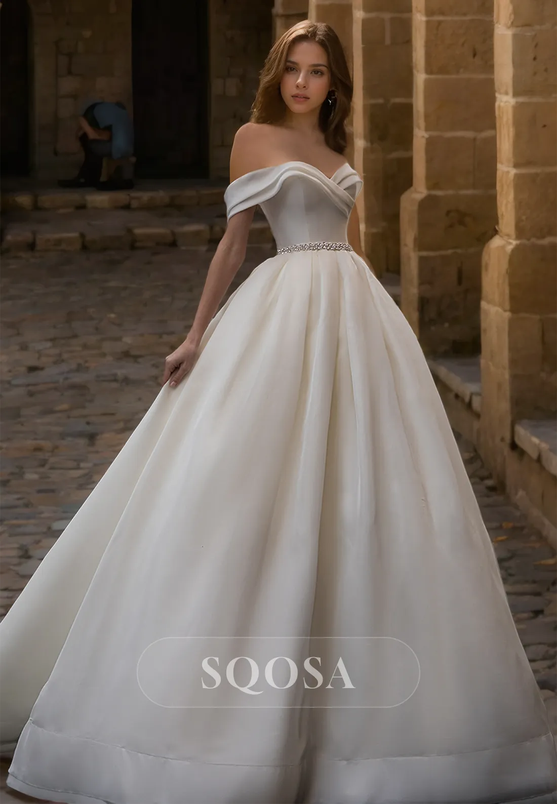 Pleated Sweetheart Sleeveless Off-Shoulder Beaded Pleated Chiffon A-Line Wedding Dress with Train