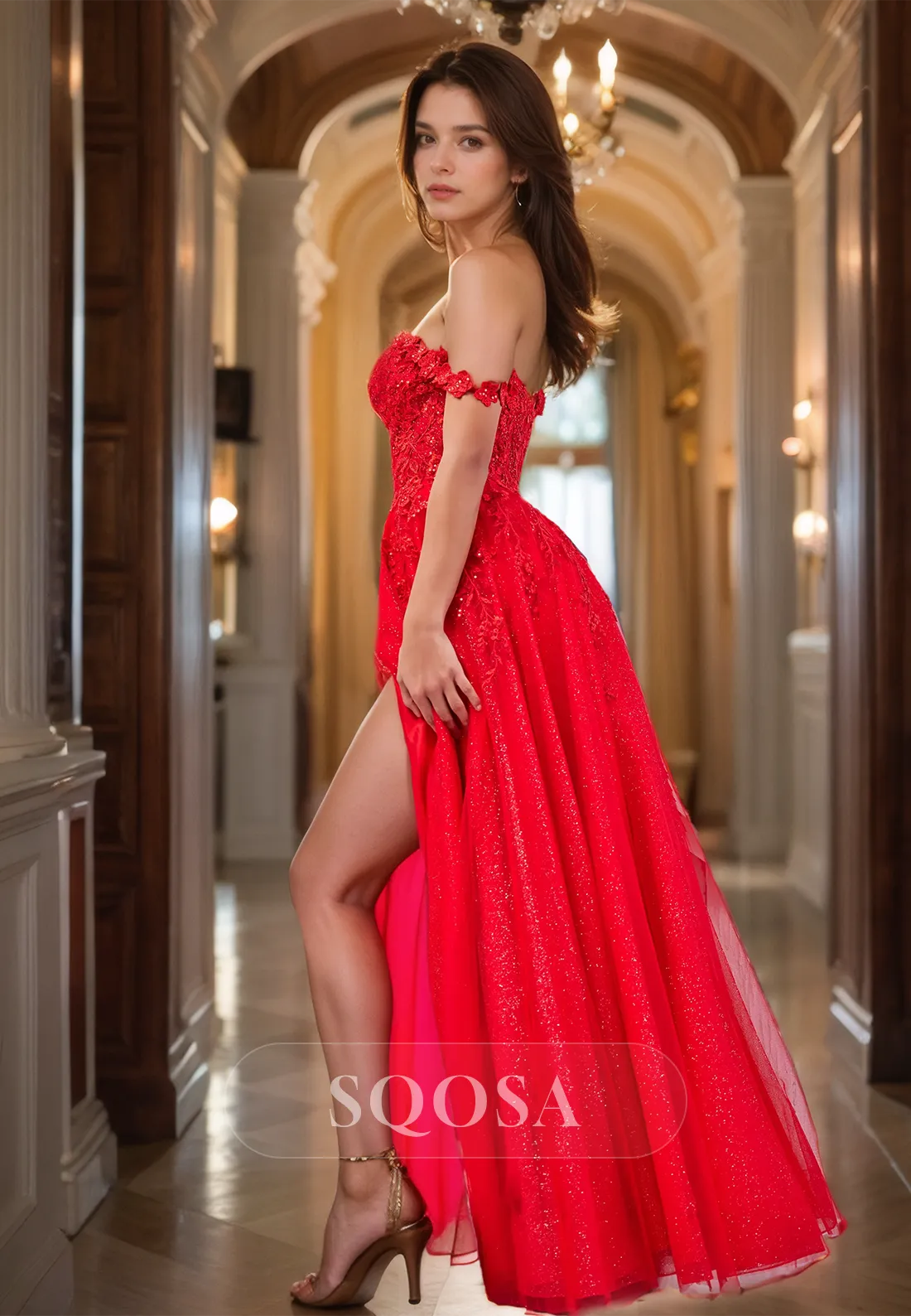 Sweetheart Off-Shoulder Sleeveless Evening Gowns Beaded Applique Pleated Chiffon A-Line Prom Dress