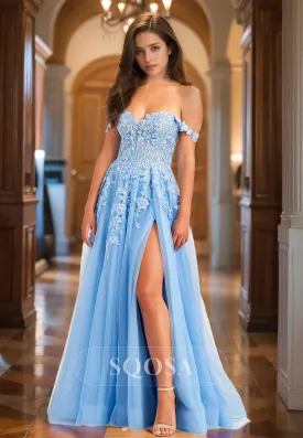 Sweetheart Off-Shoulder Sleeveless Evening Gowns Beaded Applique Pleated Chiffon A-Line Prom Dress