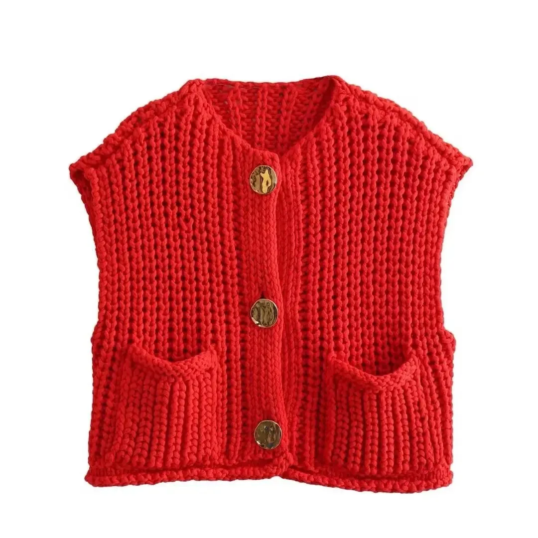 TAVIMART  -  Fashion Sleeveless Knitted Cardigan Vests For Women Autumn New Short Sweater Button With Pockets Solid Color Knitted Top