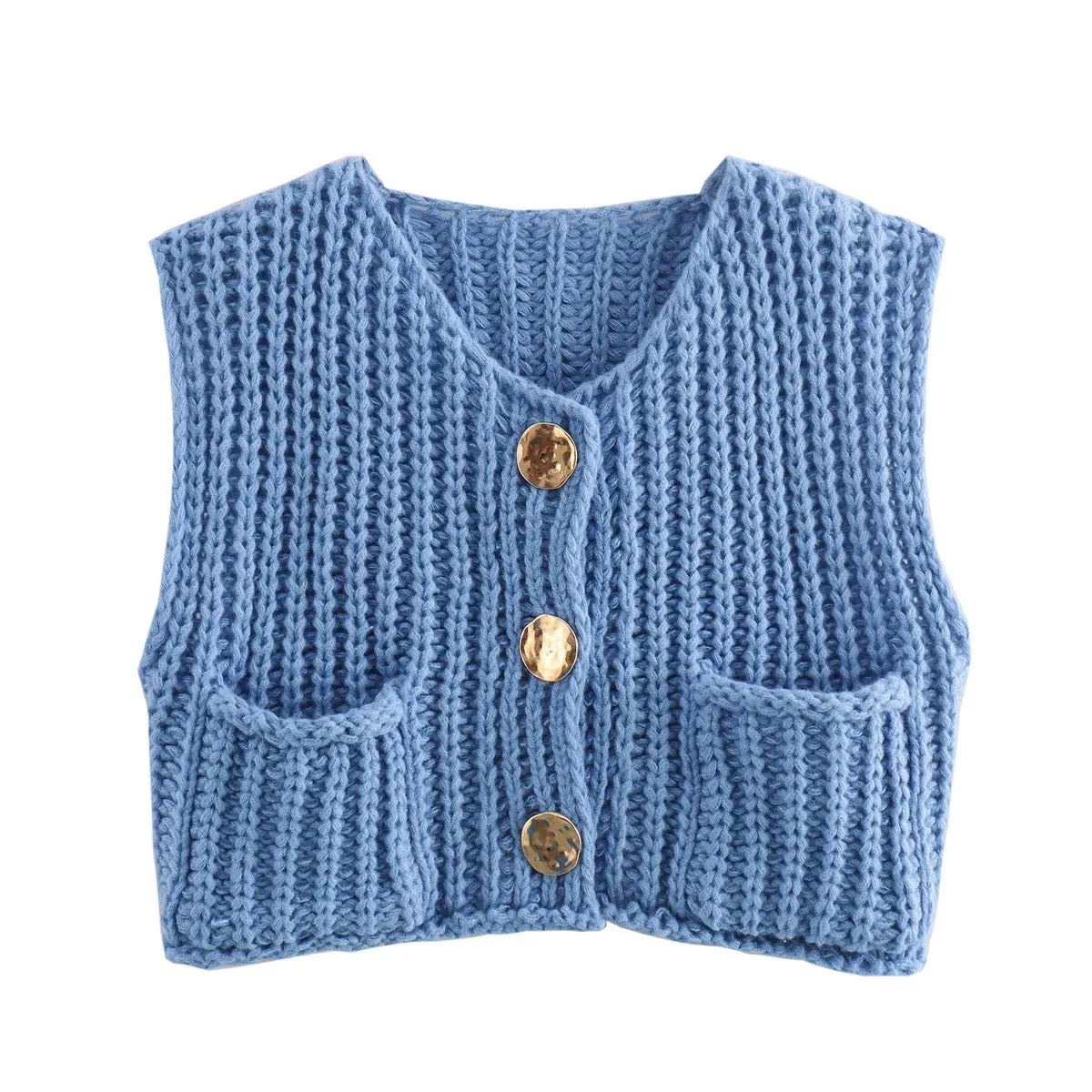 TAVIMART  -  Fashion Sleeveless Knitted Cardigan Vests For Women Autumn New Short Sweater Button With Pockets Solid Color Knitted Top