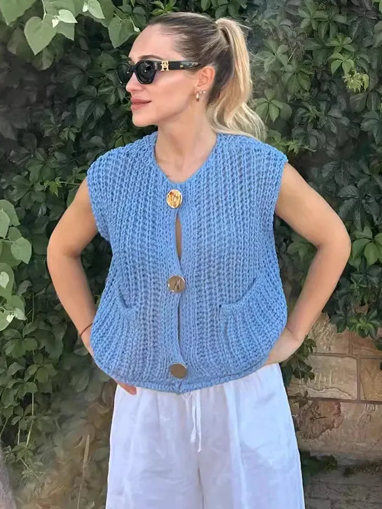 TAVIMART  -  Fashion Sleeveless Knitted Cardigan Vests For Women Autumn New Short Sweater Button With Pockets Solid Color Knitted Top