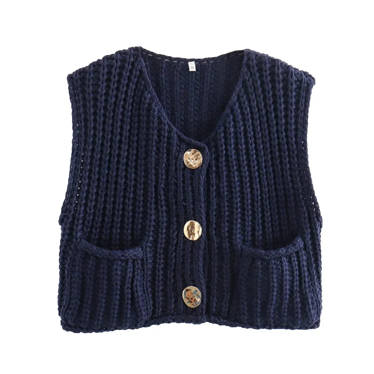 TAVIMART  -  Fashion Sleeveless Knitted Cardigan Vests For Women Autumn New Short Sweater Button With Pockets Solid Color Knitted Top