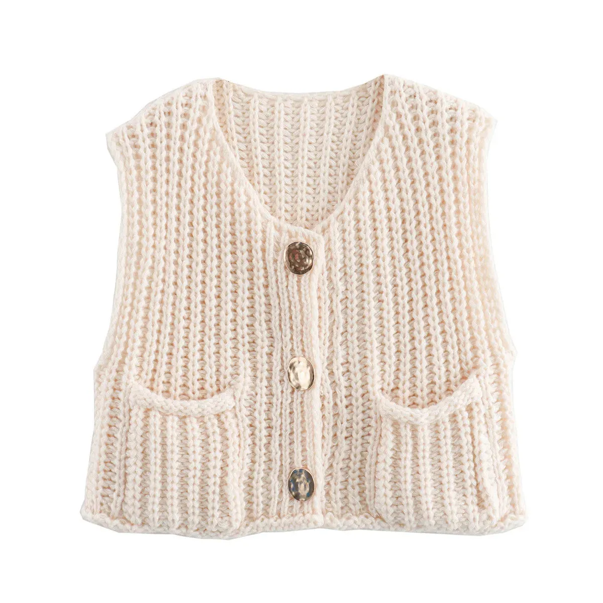TAVIMART  -  Fashion Sleeveless Knitted Cardigan Vests For Women Autumn New Short Sweater Button With Pockets Solid Color Knitted Top